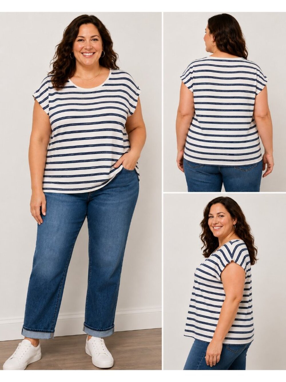 Lands End Top Womens 2X Blue White Striped Ribbed Boxy Nautical Coastal Beach